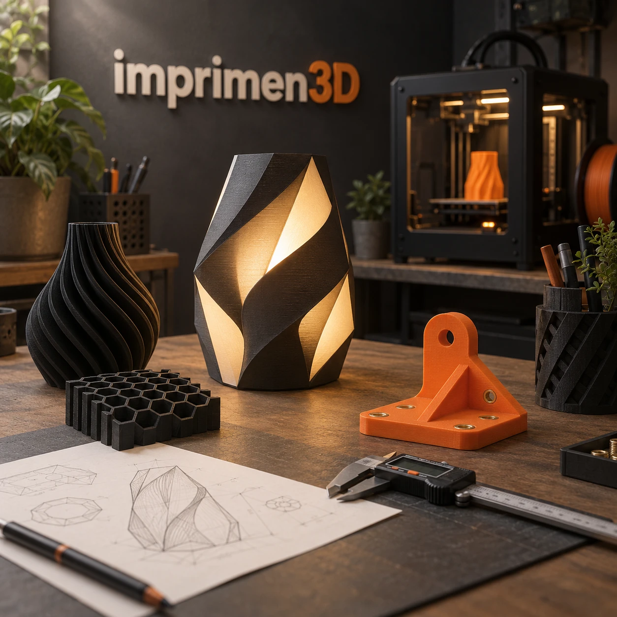 Illustration de l’univers Imprimen3D : conception, luminaires et pièces imprimées en noir et orange dans un atelier